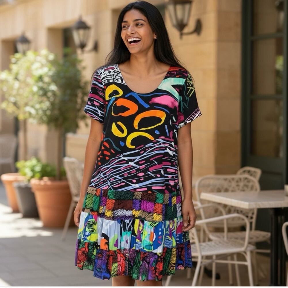Jams World Hattie Dress XS Illusion W329 Tiered Drop Waist Colorful Abstract 90s